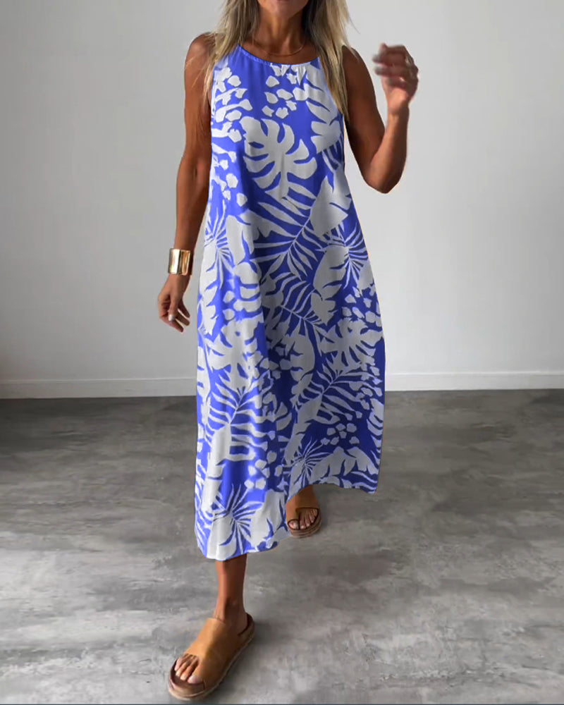 Anneleen™ | Elegante mouwloze jurk met bladprint