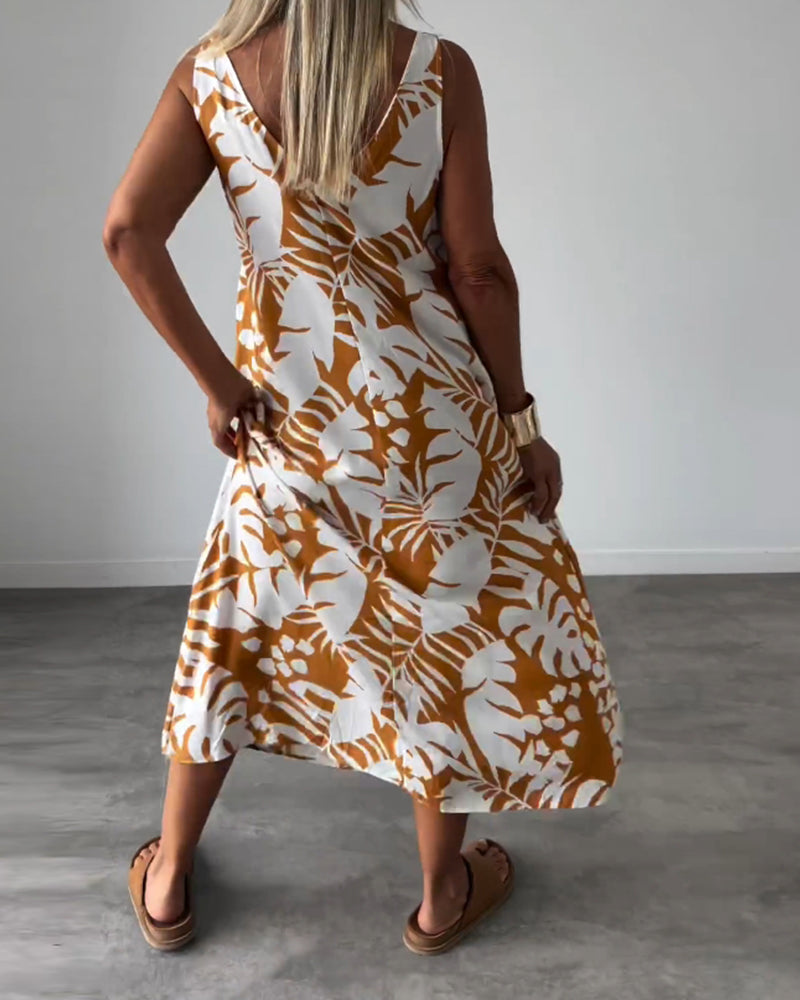 Anneleen™ | Elegante mouwloze jurk met bladprint