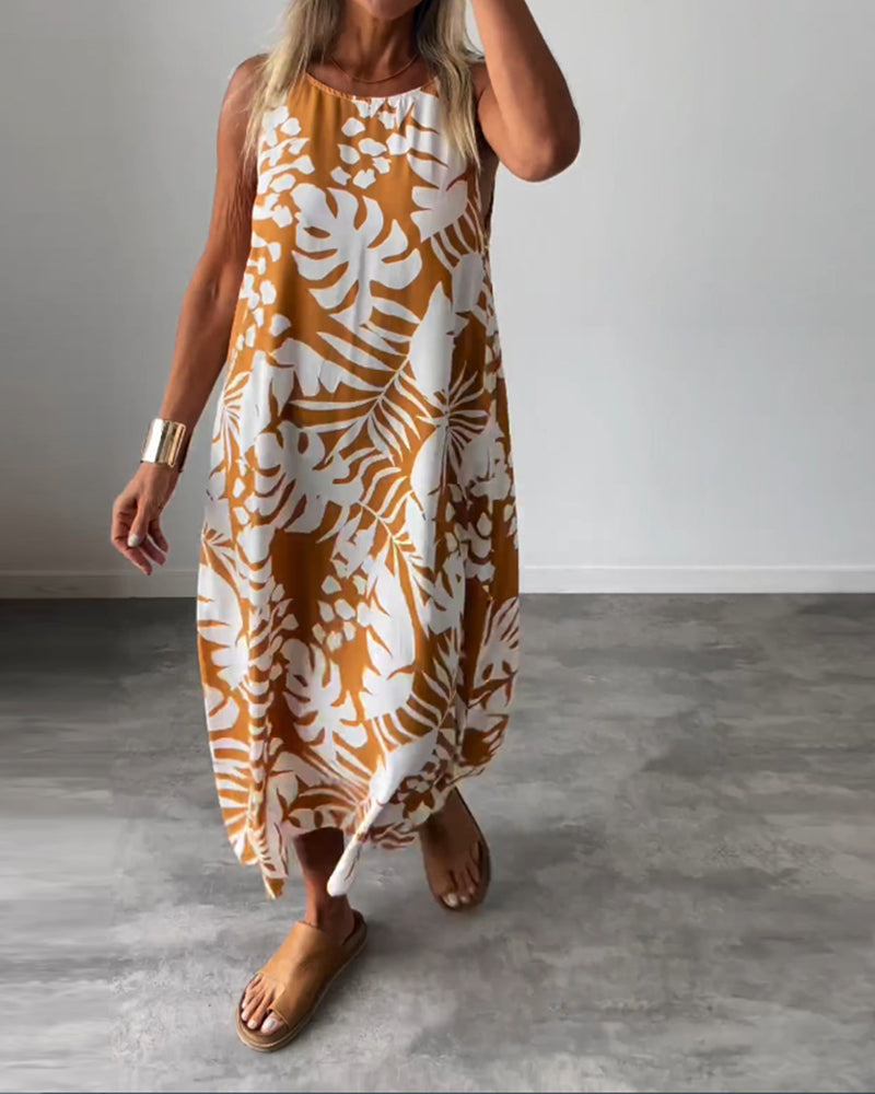 Anneleen™ | Elegante mouwloze jurk met bladprint
