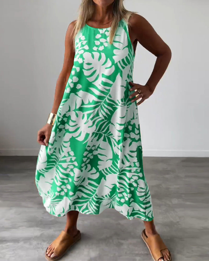 Anneleen™ | Elegante mouwloze jurk met bladprint