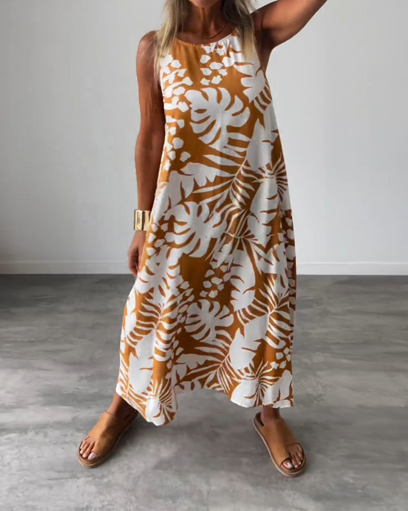 Anneleen™ | Elegante mouwloze jurk met bladprint