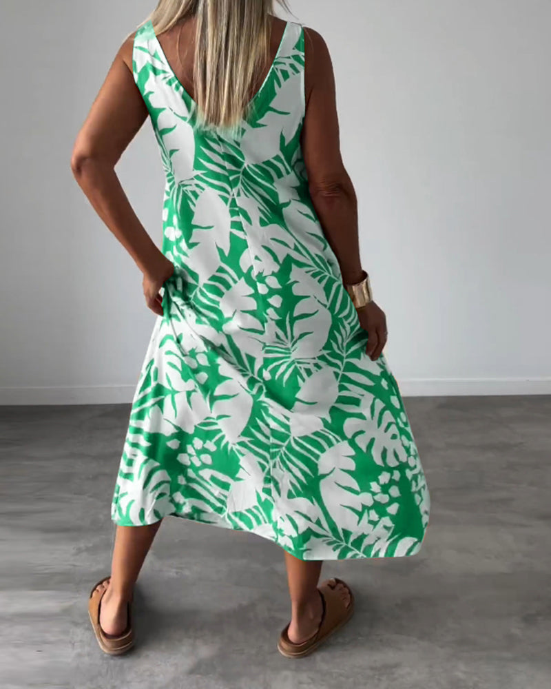 Anneleen™ | Elegante mouwloze jurk met bladprint