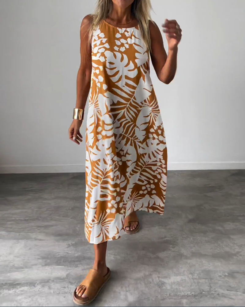 Anneleen™ | Elegante mouwloze jurk met bladprint