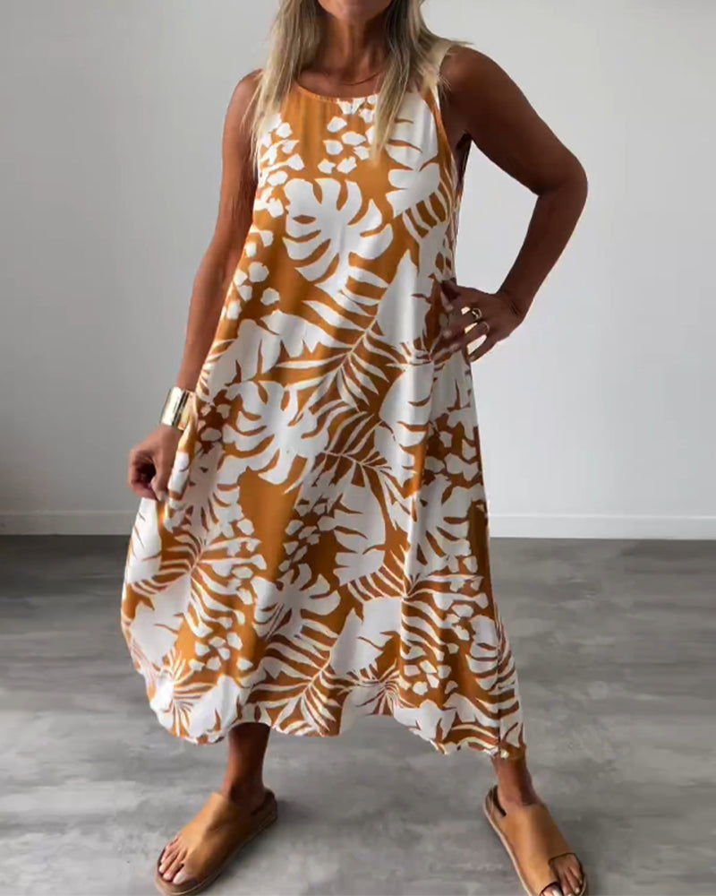 Anneleen™ | Elegante mouwloze jurk met bladprint